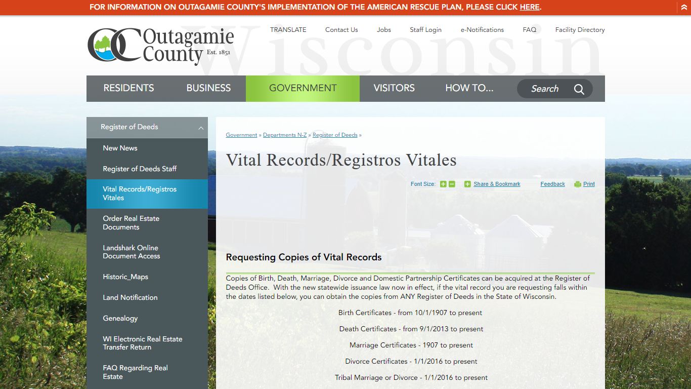 Vital Records/Registros Vitales | Outagamie County, WI